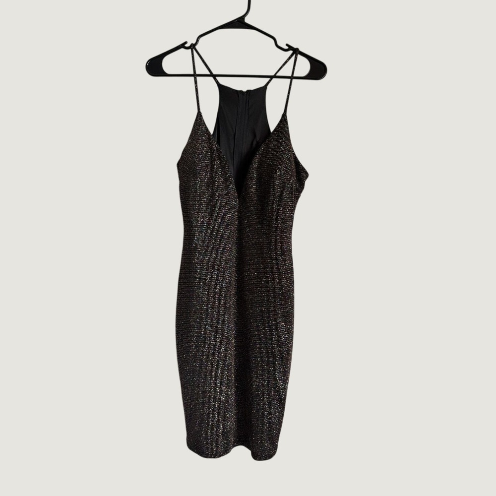 TRAC Glitter Bodycon Dress L Sparkly Metallic Mini Racerback Black Multicolor